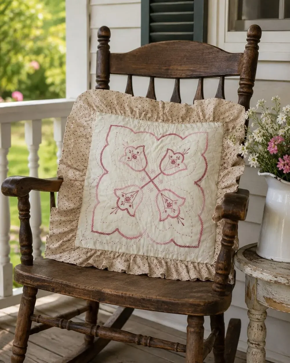 Amish Handmade Embroidered Pillow Cover 16x16 Pink Hearts Ruffle Cottagecore